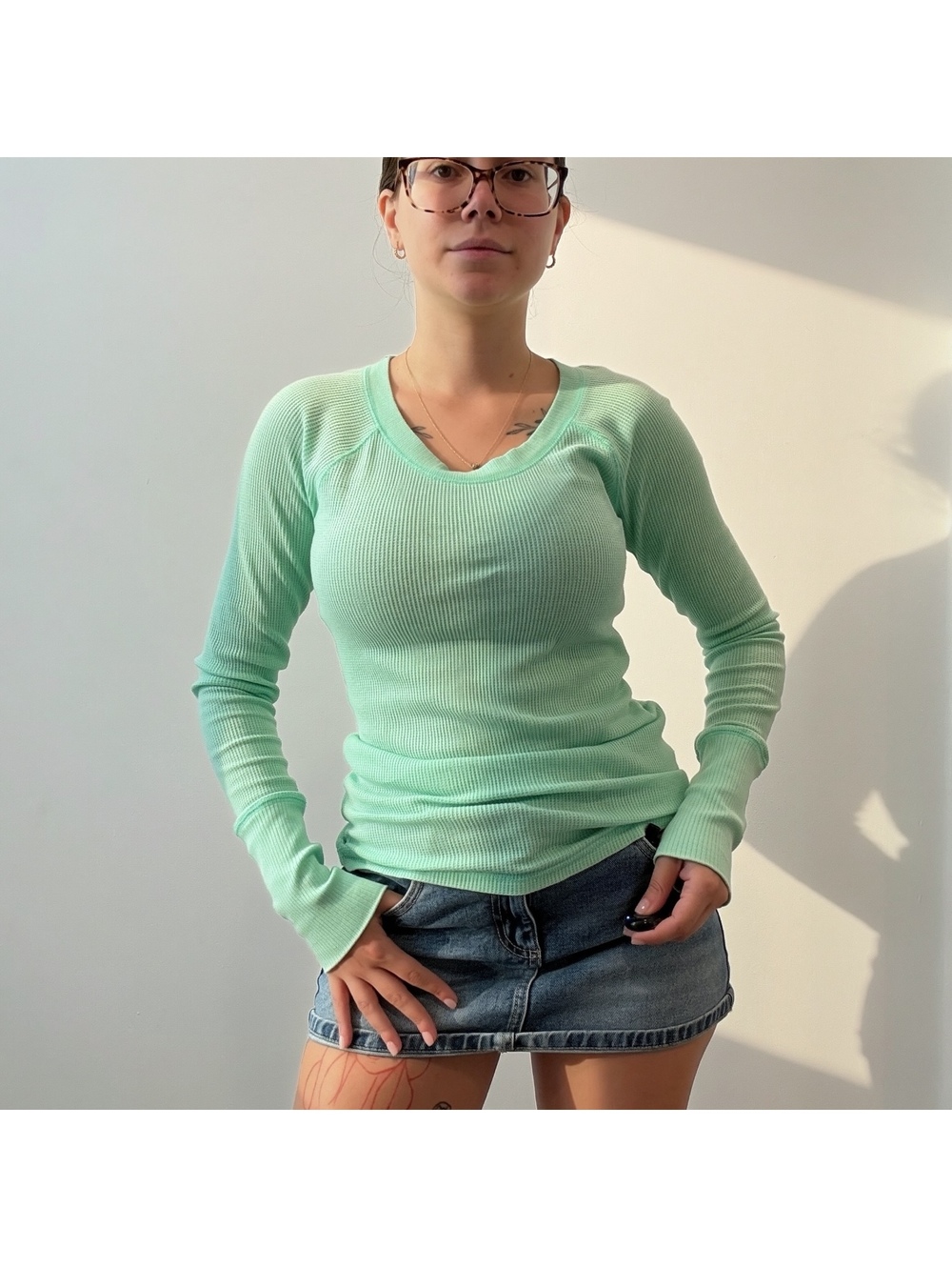 Vintage Mossimo Supply Co. Mint Green Waffle Knit Long Sleeve Top